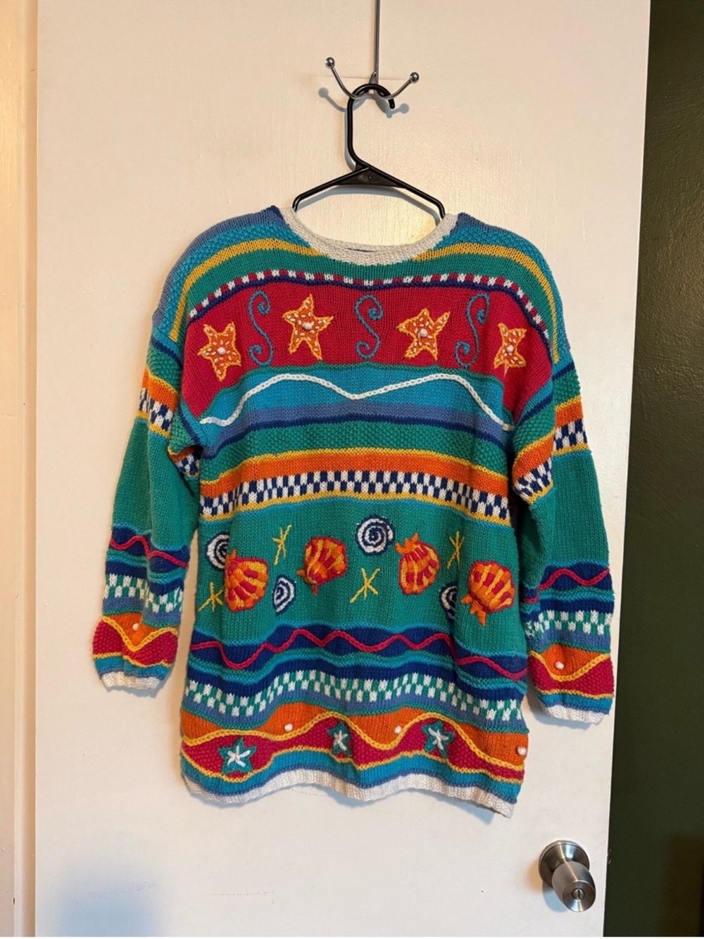 Vintage Talbots 
hand knit multicolor seashell beach inspired chunky sweater